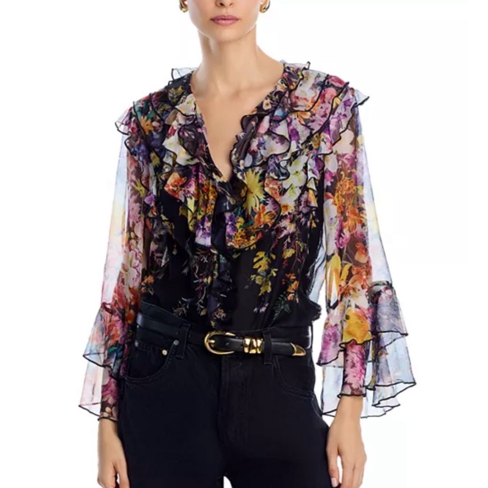 NWT Aqua Multicolor Floral Print Ruffle Blouse. Size Medium